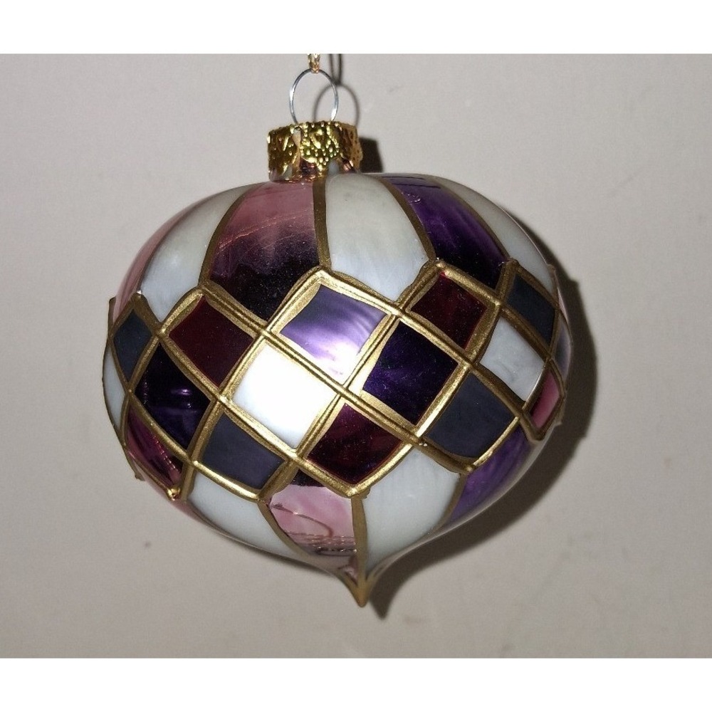 Glass Christmas Ornament 3.75" Purple Pink White Harlequin Gold Lattice